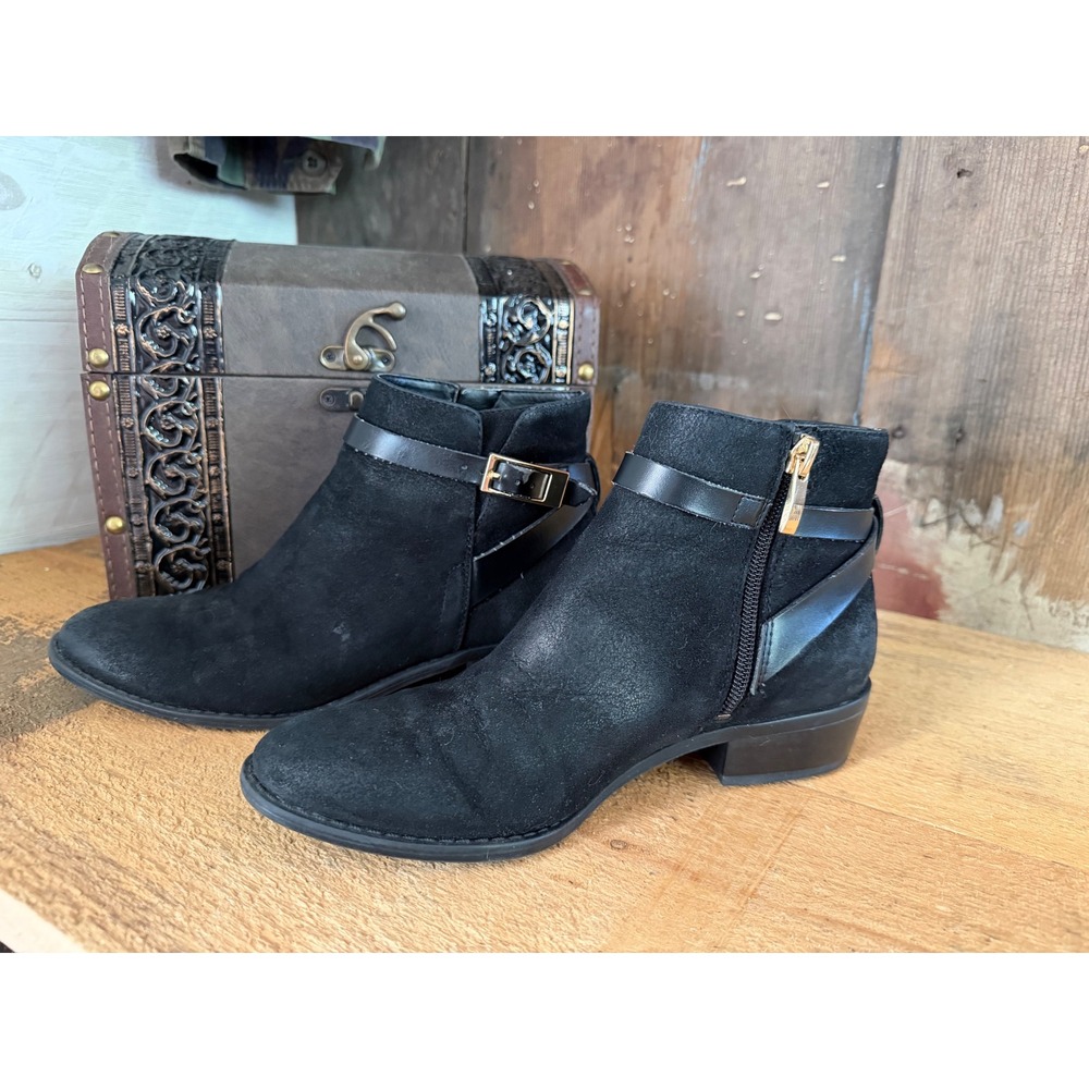 Franco Sarto Black Ankle Booties Buckle Strap Low Heel Western Moto Boots 5.5